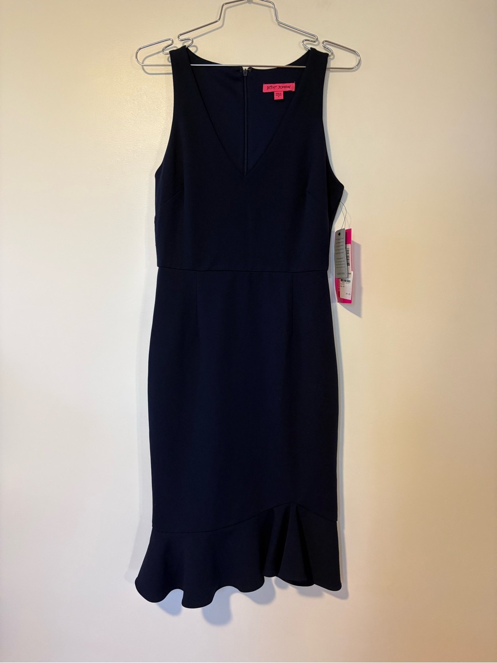 NWT Betsey Johnson Navy V-Neck Sleeveless Midi Dress with Ruffle Hem